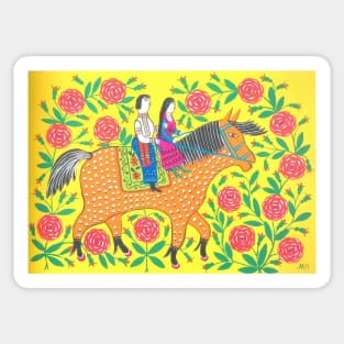 Maria Primachenko - maiden and cossack enjoying a ride on horseback 1982 Sticker